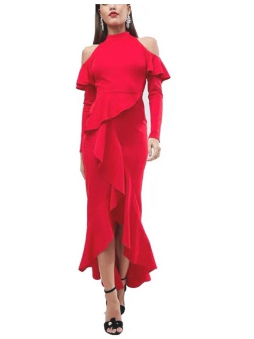 ASOS Red High-Low Ruffle Cold-Shoulder Dress